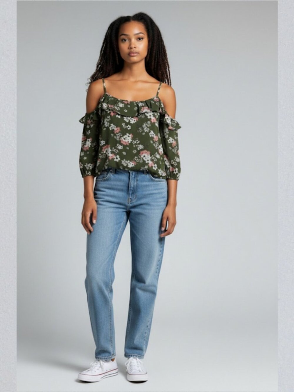 Hippie Rose womens size L blouse cold shoulder olive green floral Pre own